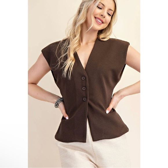 Tops - NWT Brown Structured V-Neck Button Vest Top | Minimalist Chic